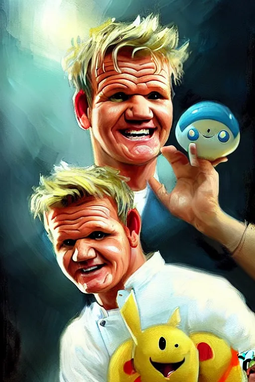 Image similar to gordon ramsay with a exeggcute pokemon painting by gaston bussiere, craig mullins
