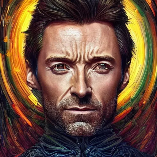 Image similar to portrait of hugh jackman, hyper detailed masterpiece, neon floral pattern, jean giraud, digital art painting, darkwave goth aesthetic, psychedelic, artgerm, donato giancola and tom bagshaw