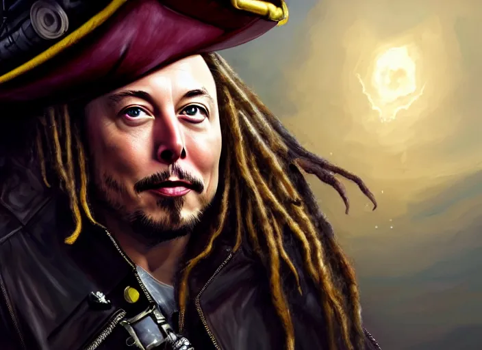 Image similar to highly detailed portrait of Elon Musk as a dread pirate captain, proudly posing at the helm of his frigate wearing a pirate hat, full body, artstation, cinematic lighting, hyperdetailed, cgsociety, 8k, high resolution, insanely detailed and intricate, concept art, smooth, sharp focus, illustration, art by John Collier and Albert Aublet and Krenz Cushart and Artem Demura and Alphonse Mucha