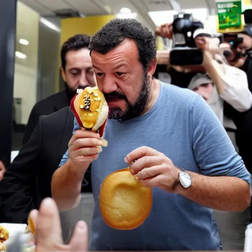 Prompt: Matteo Salvini eating a burger at McDonald’s, photograph, paparazzi