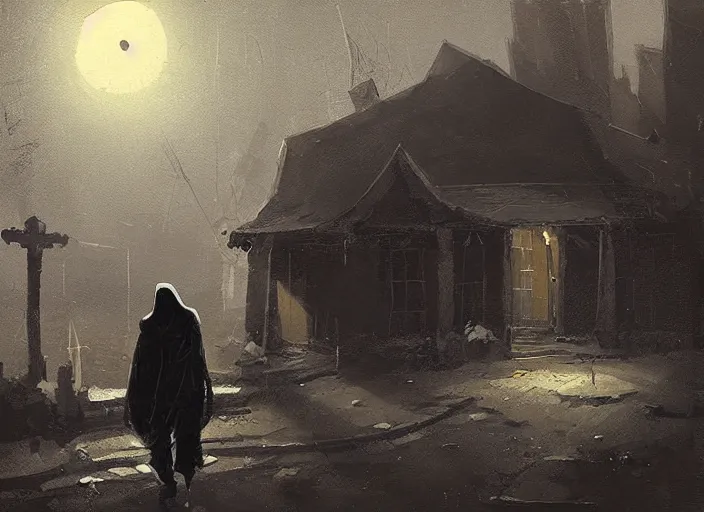 Image similar to A hooded figure approaches an abandoned tavern on a moonlit night, Ismail Inceoglu and Marius Borgeaud
