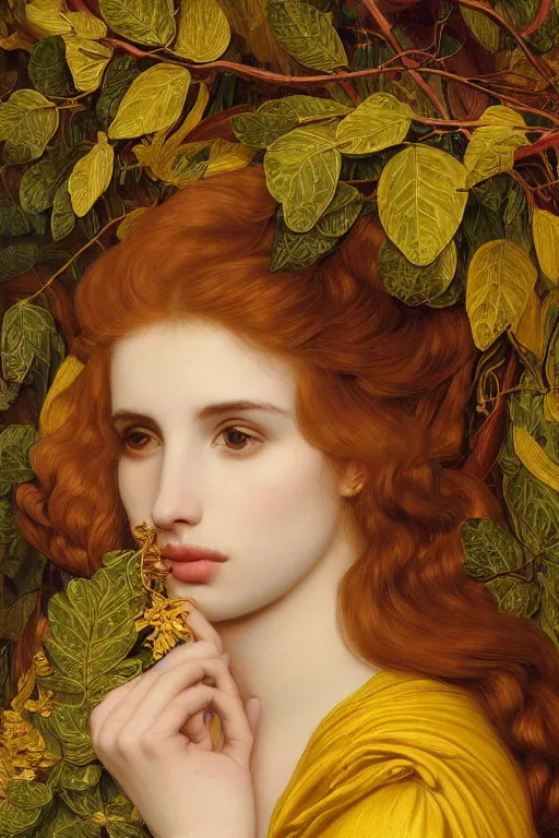 Prompt: masterpiece beautiful seductive flowing curves preraphaelite face portrait of emma roberts amongst leaves, extreme close up shot, yellow ochre ornate medieval dress, branching abstract decorate structural circle, halo, amongst foliage, gold gilded circle halo, kilian eng and frederic leighton and rosetti, 4 k