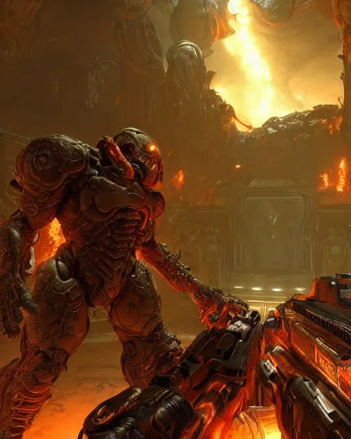 Image similar to gameplay of doom eternal, ambient lighting, concept art, intricate, hyper detailed, smooth, action, volumetric lighting, 3 d render, unreal, octane