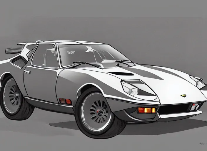 Image similar to a blending, amalgamation and detailed combination of a lamborghini countach, datsun 2 6 0 z and a jaguar e - type, concept art, round headlights, 8 k, highly detailed, trending on art station