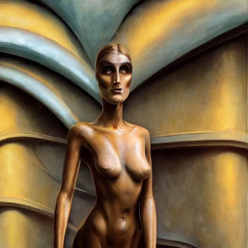 Image similar to detailed face of a woman with opalescent eyes in a biomorphic courtyard with dna sculptures at a science expo, atmospheric, ambient, pj crook, syd mead, livia prima, artgerm, greg rutkowski, nick alm, casey baugh