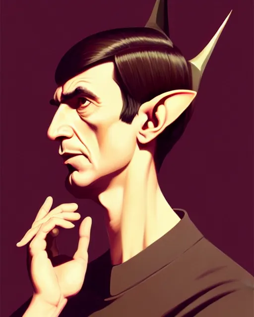 Image similar to stylized portrait formal pose, composition, leonard nimoy as an vulcan elf smoking a marihuana, pointy ears, realistic shaded, fine details, realistic shaded lighting poster by ilya kuvshinov, magali villeneuve, artgerm, jeremy lipkin and michael garmash and rob rey and valentin de boulogne