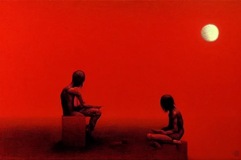 Image similar to only with red, a red shinigami eat apple, mars in background, an ancient path, in the style of beksinski, part by hopper, part by rodcenko, part by hofbauer, intricate composition, red by caravaggio, insanely quality, highly detailed, masterpiece, red light, artstation