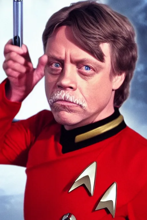 Prompt: photorealistic!! mark hamill as a star trek captain, red starfleet uniform, film quality