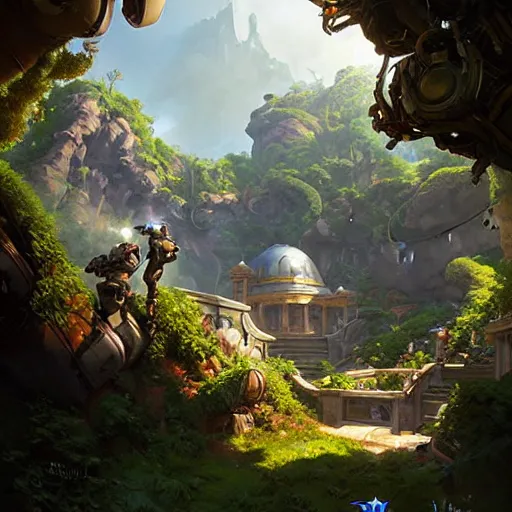 Prompt: worm's eye view of overwatch headquarters carved inside a mountain above a lush garden, neatly trimmed vegetation, magical, natural light, fantasy, sharp focus, concept art, by greg rutkowski and craig mullins, cozy atmospheric