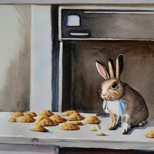 Image similar to a rabbit baking cookies in a kitchen, watercolour realism