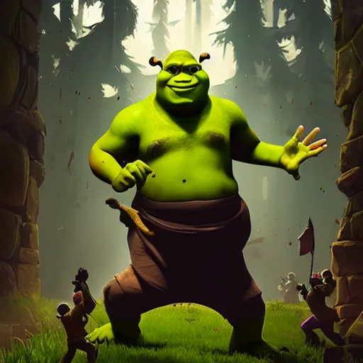 Image similar to shrek dancing fortnite dance, highly detailed, digital painting, artstation, concept art, sharp focus, illustration, art by greg rutkowski and alphonse mucha