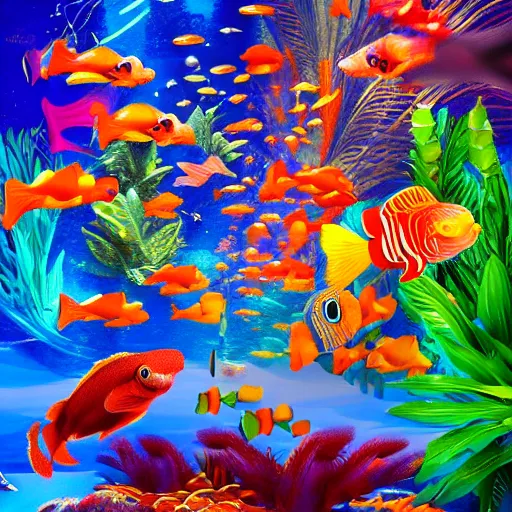 Image similar to lots of colorful tropical fish in galactic waters, fantasy art, super detailed, light reflections, realistic water, trending on artstation, hdr