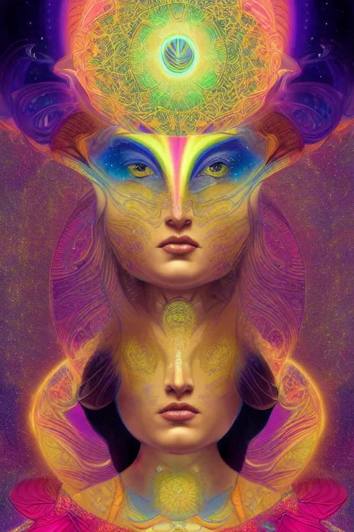 Image similar to goddess of space and dreams, psychedelic, mandala, coherent design, symmetrical, face by artgerm, trending on artstation, vivid color, complementary color, golden ratio, detailed, sharp lines, sharp focus, intricate, rainbowshift, peter mohrbacher, gustave dore, maxfield parrish, alphonse mucha, deviantart, octane render