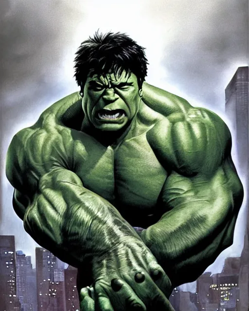 Image similar to a portrait of the incredible hulk looking angry in new york city by alex ross dramatic lighting.