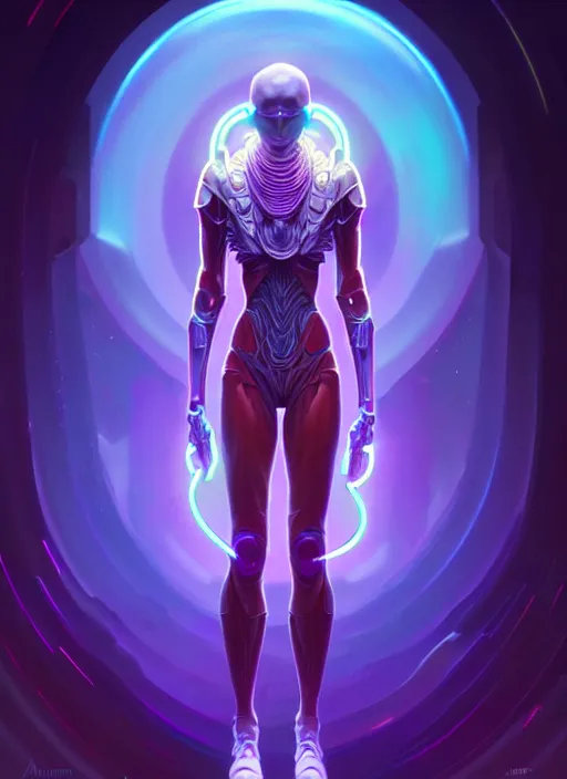 Image similar to a machine alien faceless glowing liquefied stardust adventurer, dnd fantasy character, full body portrait, glowing neon skin, magical aura, ultra realistic, intricate, elegant, highly detailed, digital painting, artstation, smooth, sharp, focus, illustration, art by artgerm and greg rutkowski and alphonse mucha and dan mumford, sacred geometry