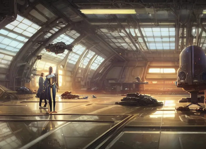 Image similar to a pretty robot mechanic woman and her alien space cat sleeping in a spaceport hangar in a space opera x cyberpunk ghibli animated film, volumetric lighting, octane render by stanley artgerm lau, greg rutkowski, thomas kindkade, alphonse mucha, loish, norman rockwel, highly detailed