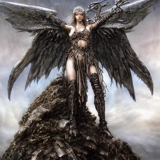 Prompt: a valkyrie standing triumphantly atop a pile of bones by luis royo, epic fantasy, soft details, illustration, album cover, HD, trending on artstation, intricate