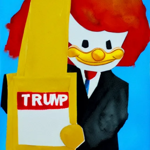 Prompt: donald trump as sad ronald mcdonald holding paper bag, watercolor, vignette