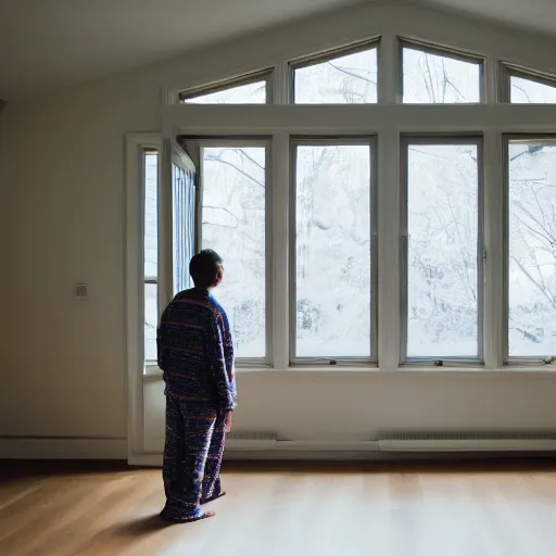 Prompt: person in pyjamas standing near window, turned back to camera, cinematography, sun rays, daylight, big french door window, big spatious room, carpet at the floor, wide shot 2 4 mm, anamorphic shot lens, walls at left and right sides, window at the center, wooden floor, modern, winter sun, photorealistic, high ceiling