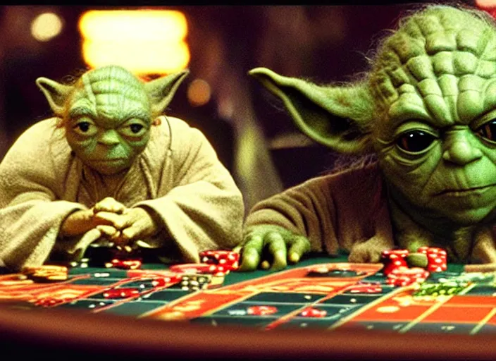 Image similar to film still of yoda gambling in Vegas in the new Star Wars movie, 4k