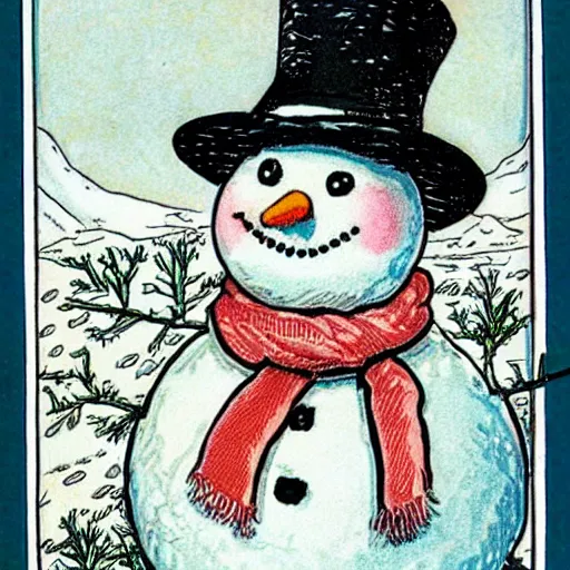 Image similar to victorian snowman illustration full page scan for greeting card by walter crane