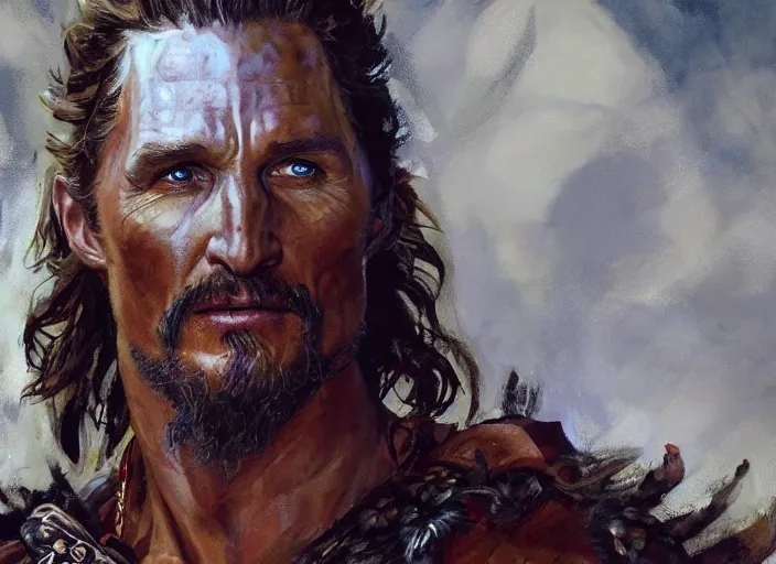 Image similar to a highly detailed beautiful portrait of matthew mcconaughey as kratos, by gregory manchess, james gurney, james jean