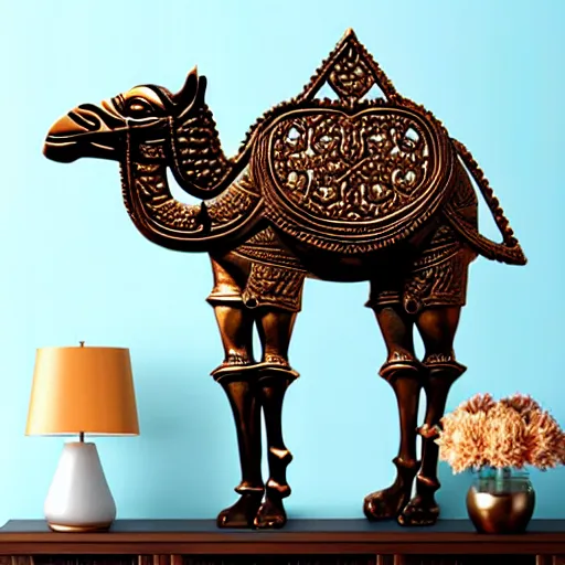 Image similar to gorgeous ornated bronze realistic detailed sacred camel wall decoration with filigree, arabic calligraphy