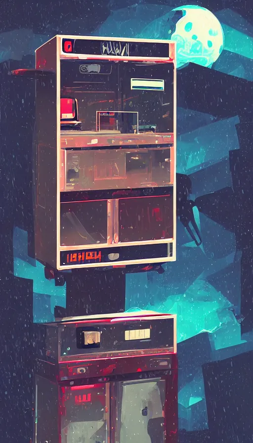 Prompt: videogame cabinet in space, rain, sharp focus, james gilleard, cinematic, game art, extremely detailed digital painting, print