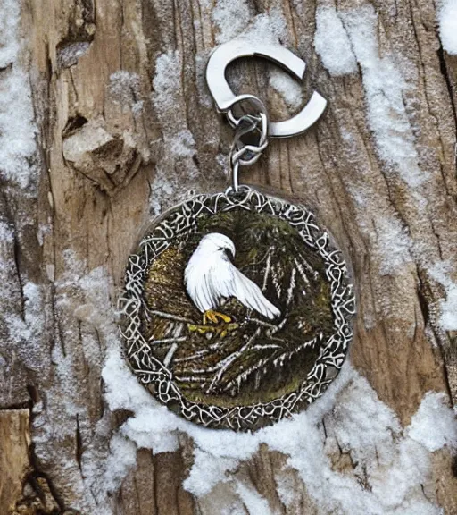 Image similar to realistic keychain of an eagle in the nest of a snowy pine tree