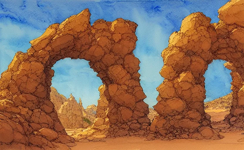 Image similar to a hyperrealist watercolour concept art of a desert night. through a large rock arch is a clear blue sky. by rebecca guay, michael kaluta, charles vess and jean moebius giraud. high detail, hq, wide shot