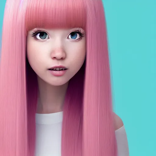 Image similar to A portrait of Nikki from Shining Nikki and Love, a cute 3d cgi toon young woman with long light pink hair, full bangs, hazel eyes, full face, light makeup, pale skin, Chinese heritage, cute outfit, medium shot, mid-shot, hyperdetailed, 8k, trending on artstation, as a Pixar character