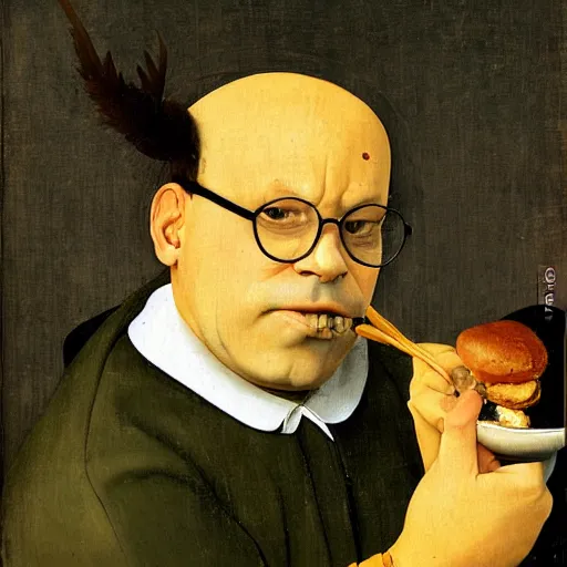 Image similar to George Costanza eating an eclair out of a trash can, by Hieronymous Bosch