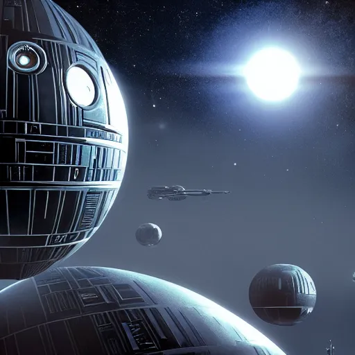 Image similar to death star inspired by star wars movies, galaxy and stars in background, highly detailed, photorealistic shot, bright studio setting, studio lighting, crisp quality and light reflections, unreal engine 5 quality render