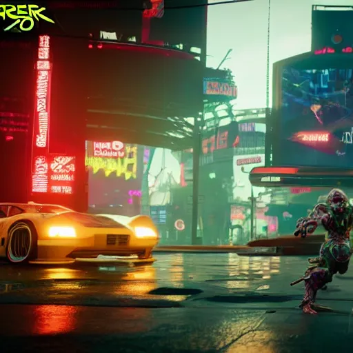 Image similar to pepe frog makes appearance in Cyberpunk 2077. CP2077. 3840 x 2160