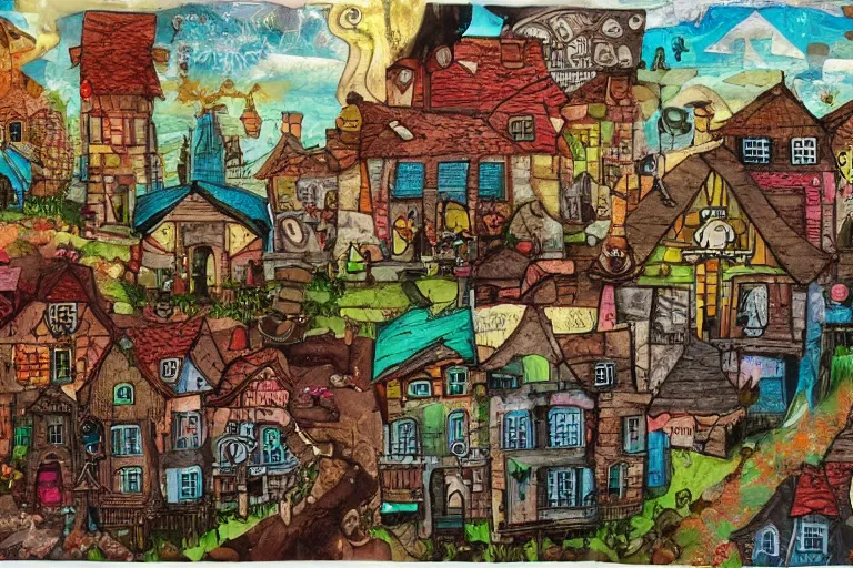 Prompt: a small fantasy town, mixed media on canvas, 2 d, whimsical,