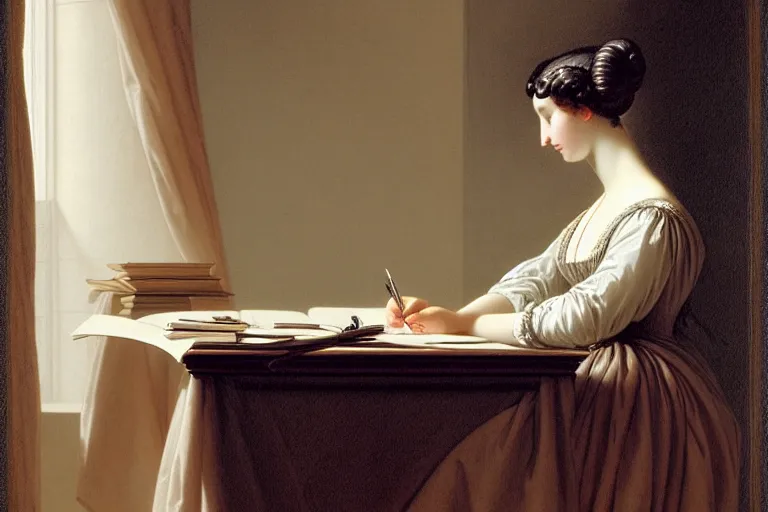 Image similar to 1 8 1 0 s lady writing at her desk in formless dress by vittorio reggianini, georgian dress, directoire style, regency, empire silhouette, bright lighting, perfectly detailed eyes, beautiful hands, pale skin, clear face