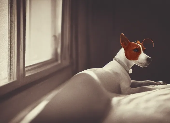 Image similar to photography of a Jack Russel . watching outside the window. on a bed. in a vintage room full of vinyls and posters.,volumetric light, photorealistic,, award winning photo, 100mm, sharp, high res