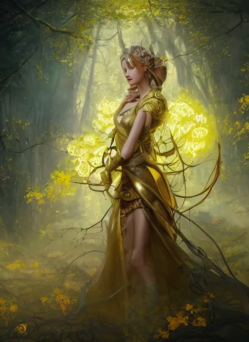 Image similar to intricate oil painting portrait by Anna Dittmann depicting a stunning female fantasy cleric in a bright temple surrounded by yellow spring forest and dead trees, evening, atmospheric lighting, intricate detail, cgsociety, hyperrealistic, octane render, RPG portrait, ambient light, dynamic lighting