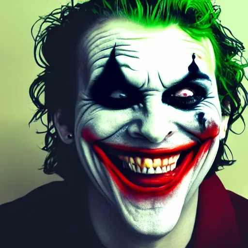 Image similar to joker, smiling, unnatural grin, horror, creepy, smoke, black, dark, glow