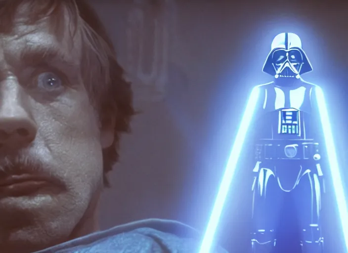 Image similar to screenshot from the lost star wars film, blue transparent hologram of Luke Skywalker, iconic scene from Star Wars, directed by Stanely Kubrick, moody cinematography, with anamorphic lenses, crisp, detailed, 4k