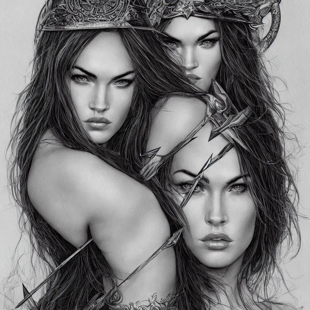 Image similar to portrait of beautiful megan fox as greek goddess aphrodite, archer, arrow on the head, beautiful piercing eyes, flowing blonde hair, realistic face, black and white drawing, in the style of greg rutkowski, fantasy, amazing detail, epic, intricate, elegant, smooth, sharp focus