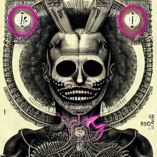 Image similar to post - punk new age album cover, asymmetrical design, frame of a dollar bank notes, capitalism, magic, apocalypse, psychedelic, black white pink, magic, giger h. r., giuseppe arcimboldo