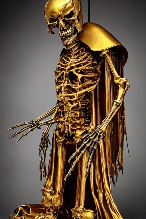 Image similar to wraith skeleton knight wearing crimson cloak sitting on throne, mechanic electric ornaments, golden metallic, realistic, detailed, by caravaggio