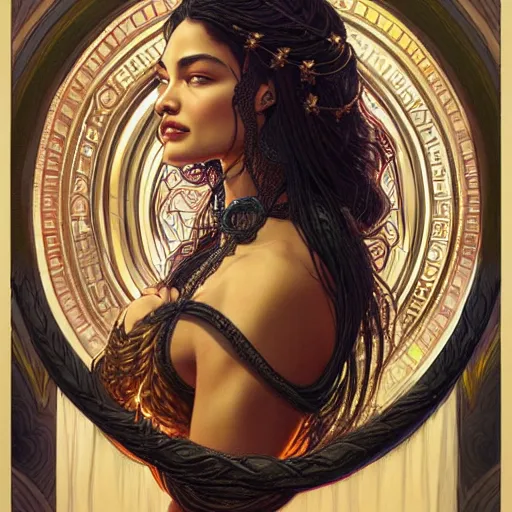 Image similar to Shanina Shaik as Medusa, intricate, elegant, highly detailed, digital painting, artstation, concept art, smooth, sharp focus, illustration, art by artgerm and greg rutkowski and alphonse mucha