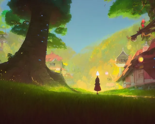 Image similar to fantasy village, cory loftis, james gilleard, atey ghailan, makoto shinkai, goro fujita, studio ghibli, rim light, exquisite lighting, clear focus, very coherent, plain background, soft painting