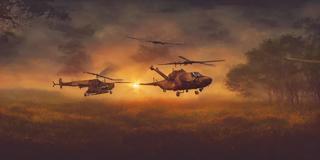 Image similar to Painting of vietnam Huey Helicopters, above a forest, orange sun set, abstract, realism, detailed, octane render, glow