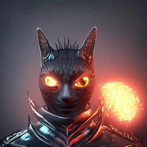 Prompt: cat as dark souls 4 final boss, artstation hq, dark phantasy, stylized, symmetry, modeled lighting, detailed, expressive, created by hidetaka miyazaki, dark souls 4 screenshot