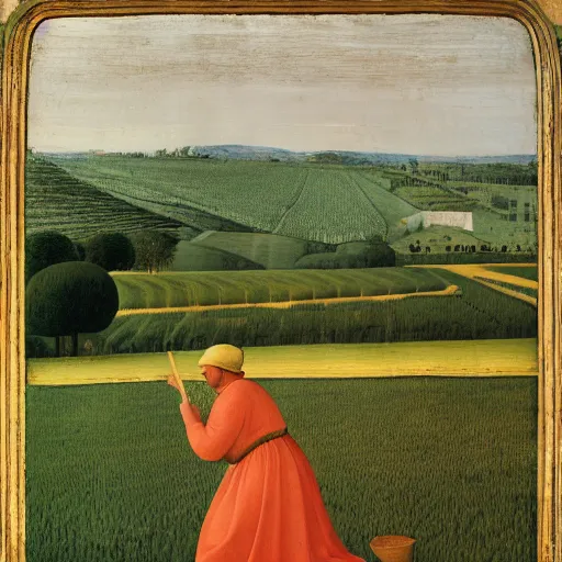 Prompt: Farmer tilling his field by Fra Angelico,