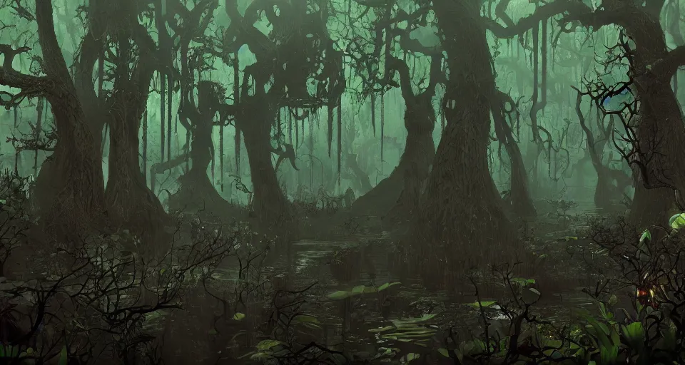 Image similar to A dense and dark enchanted forest with a swamp, from Starcraft