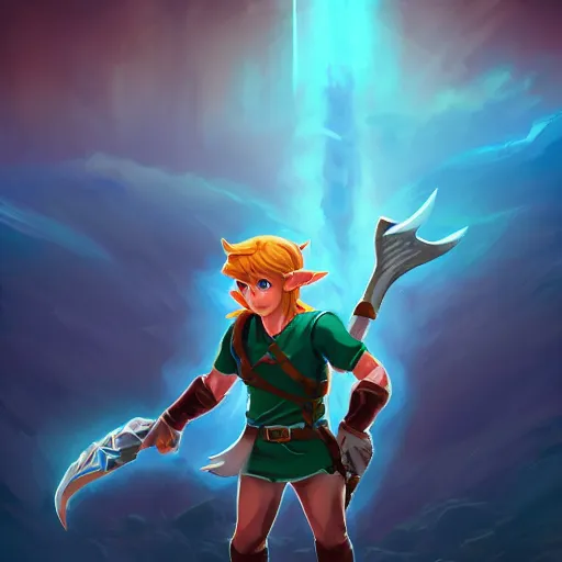 Image similar to upper body illustration of link from zelda in his god form, mattepainting concept blizzard pixar maya engine on stylized background splash comics global illumination lighting artstation, sharp focus, lois van baarle, ilya kuvshinov, rossdraws